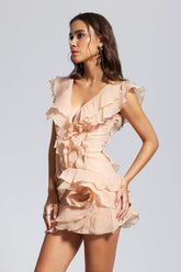 Maura V Neck Ruffle Asymmetric Mini Dress In Champagne